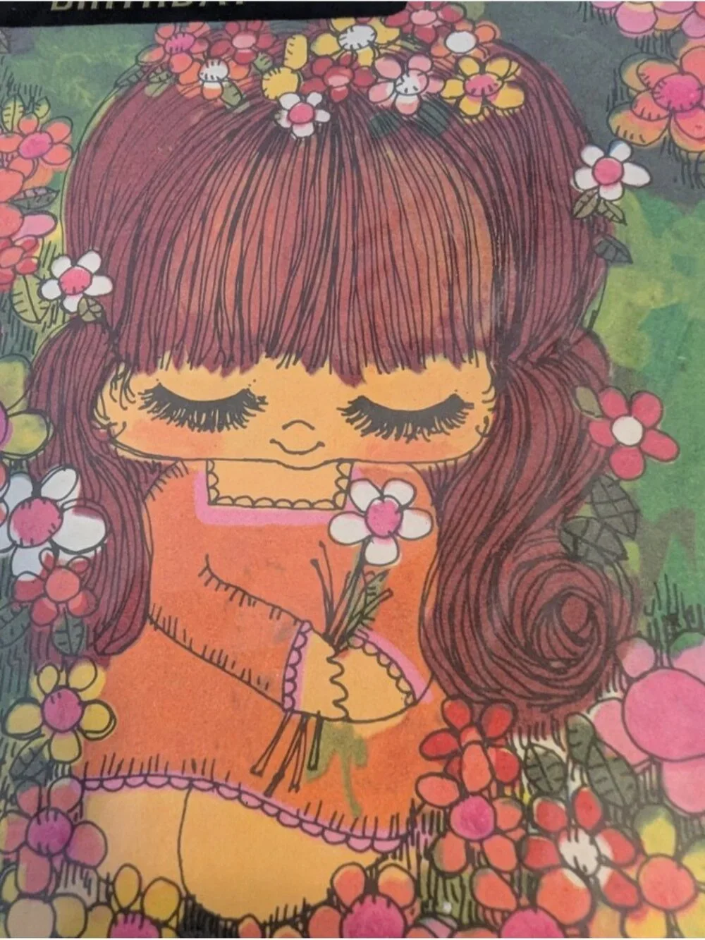 Vintage kitsch Big Eyes Illustrated Girls Floral 60s Gift Wrap Paper Sealed Rare